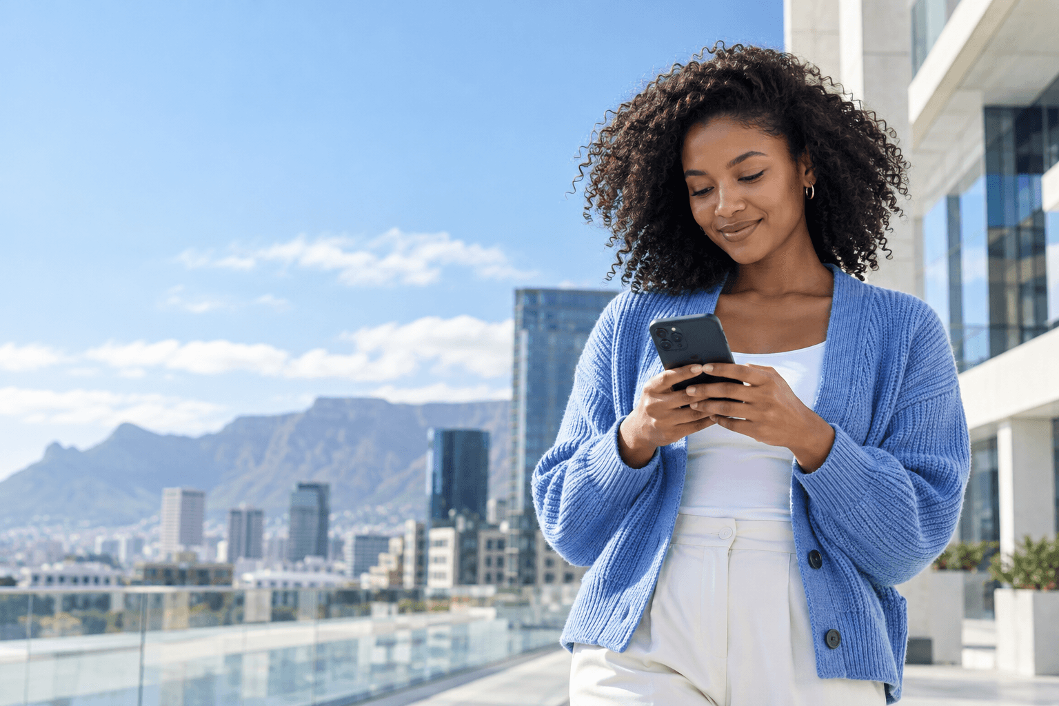 Illustrative South African lifestyle portrait of a woman using her phone in the city